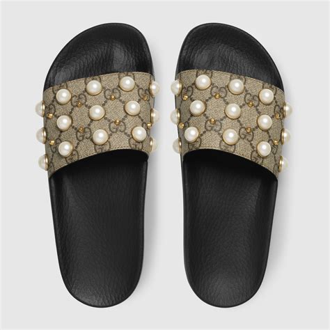 gucci canvas slides women's|gucci embellished slides.